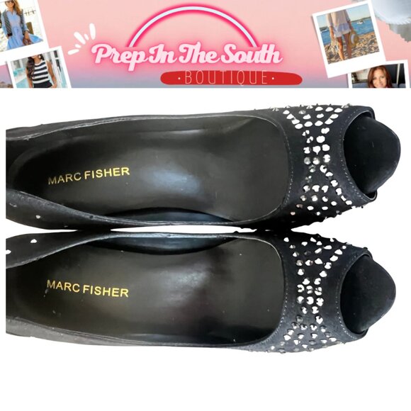Marc Fisher Harpy Black rhinestone Studded Black Peep Toe Heels 7M - Picture 2 of 8